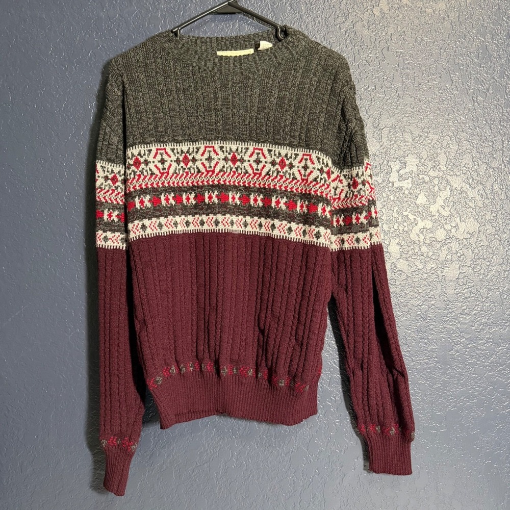 Hardwood & Pine Fair Isle Sweater Large‎ Burgundy Gray Crewneck